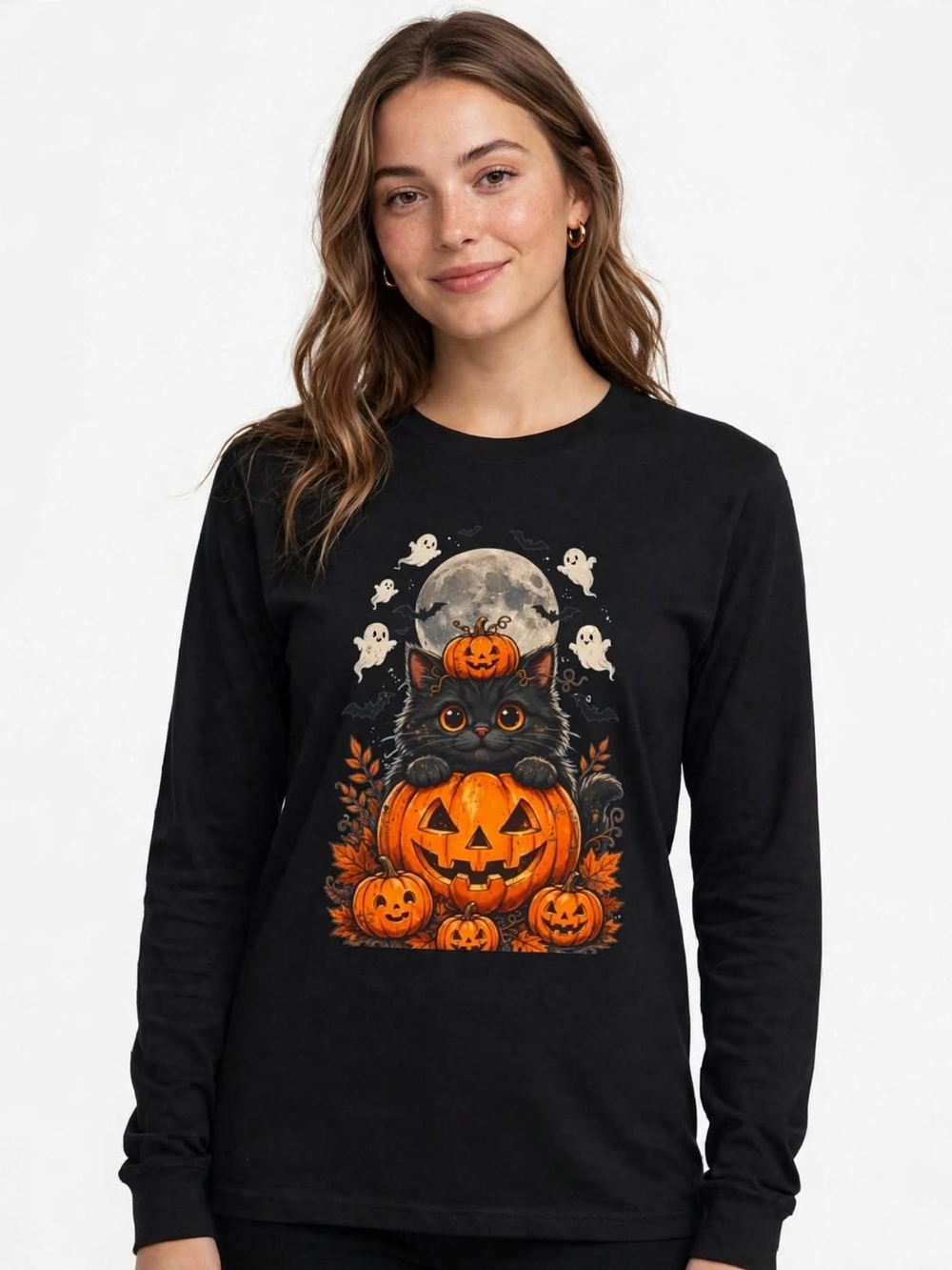 Gildan Black Long-Sleeve Halloween Cat & Pumpkin Graphic Sweater